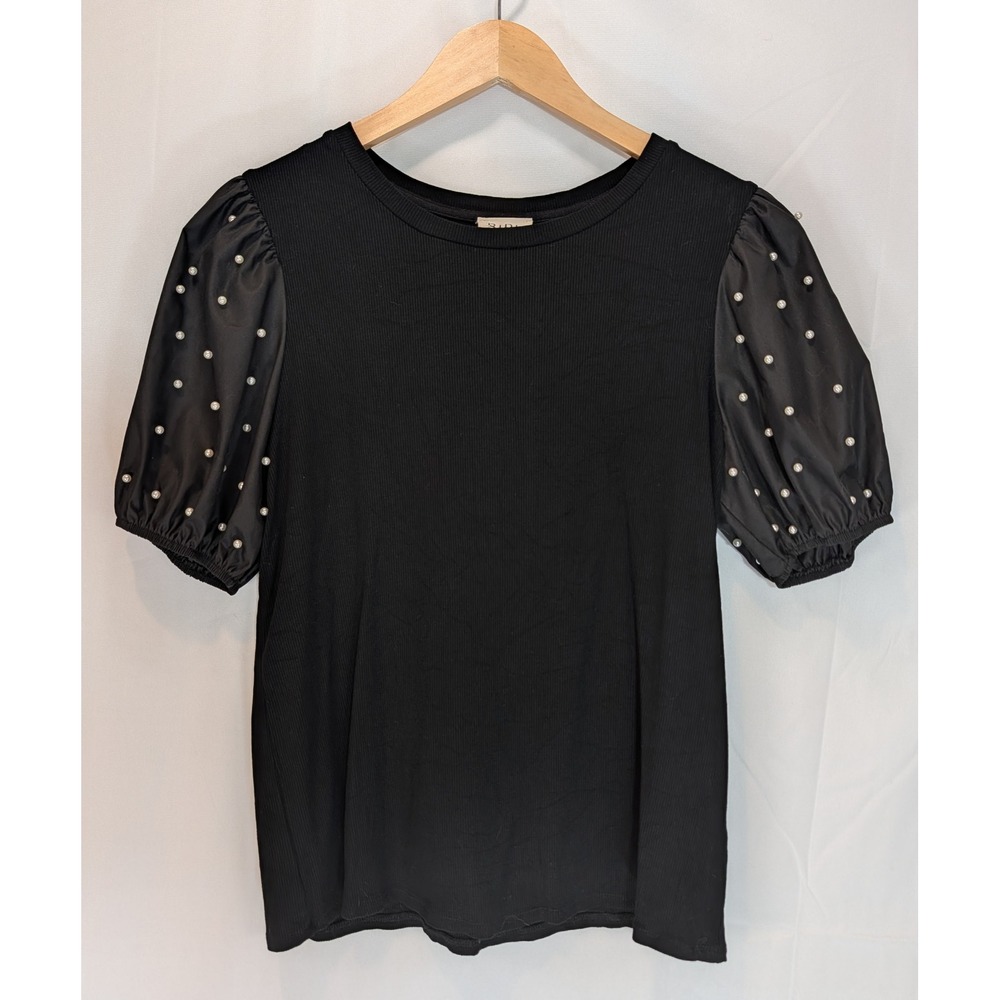 BiBi Black Top with Polka Dot Sheer Puff Sleeves